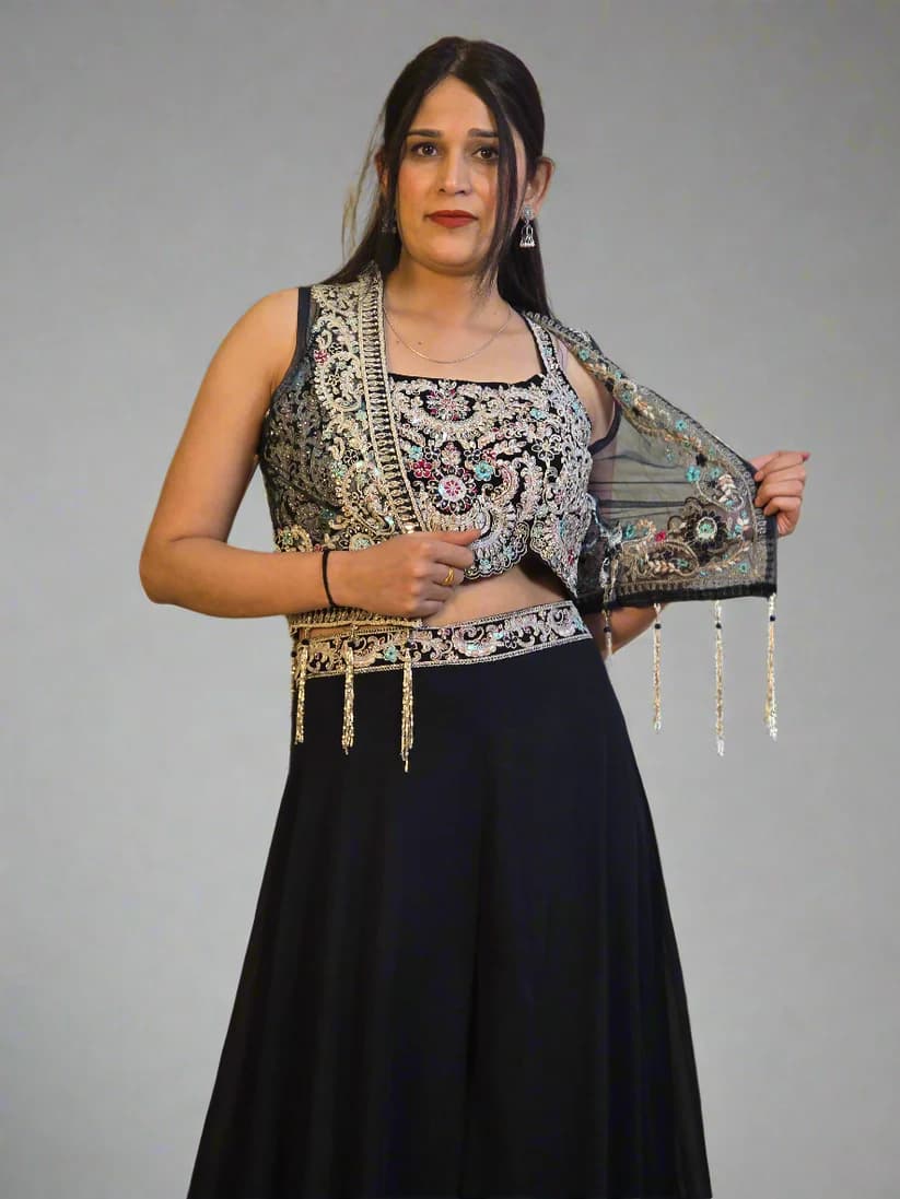 Midnight Black Bel Buti Embroidered Indo Western