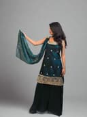 Woman in a blue saree with white patterns standing next to green leaves on a white background