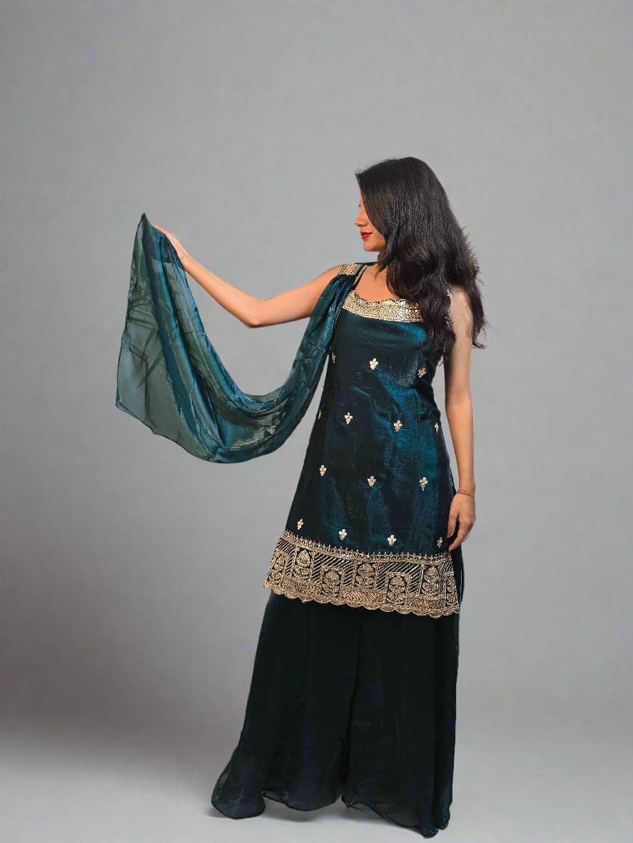 Woman in a blue saree with white patterns standing next to green leaves on a white background